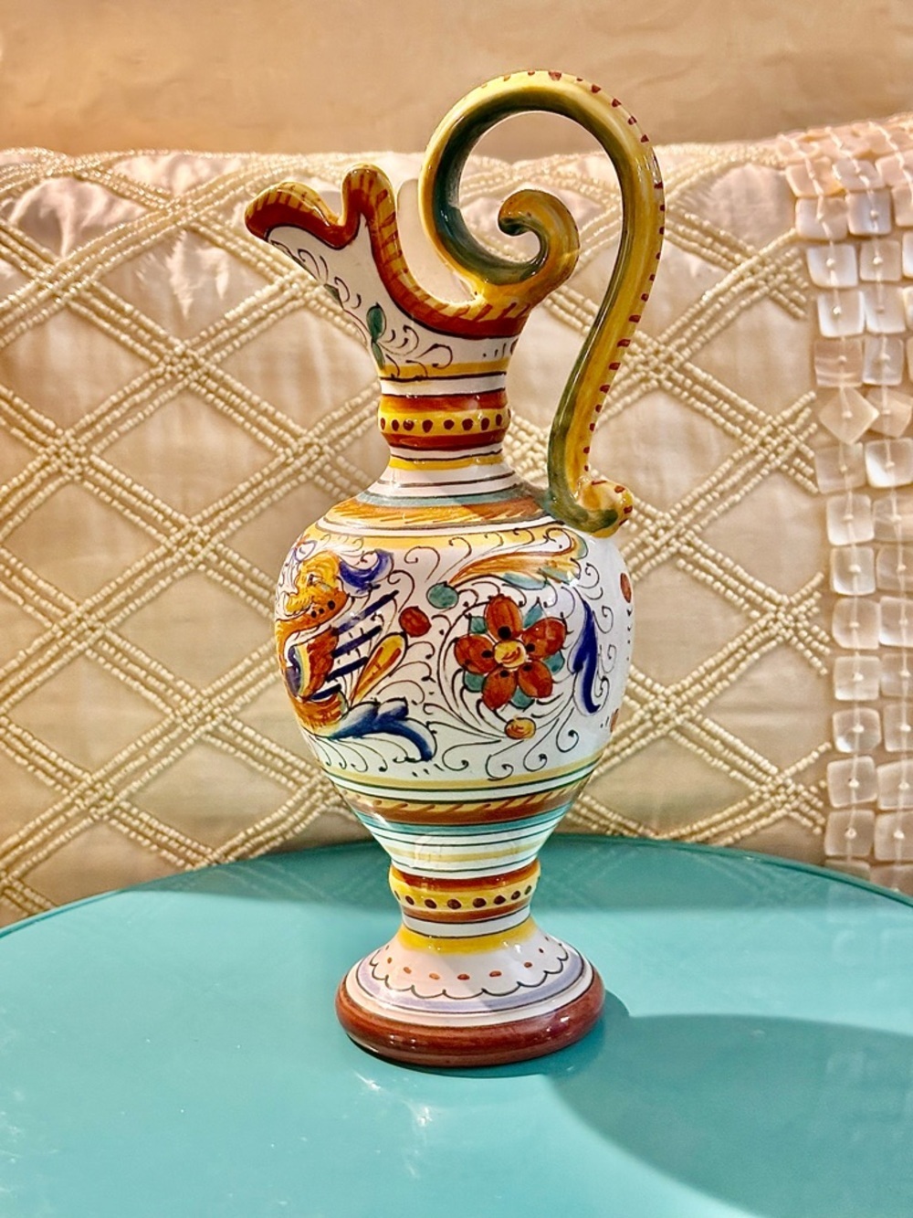 Hand-Painted Floral Ceramic Pitcher Vase in White and Multicolor